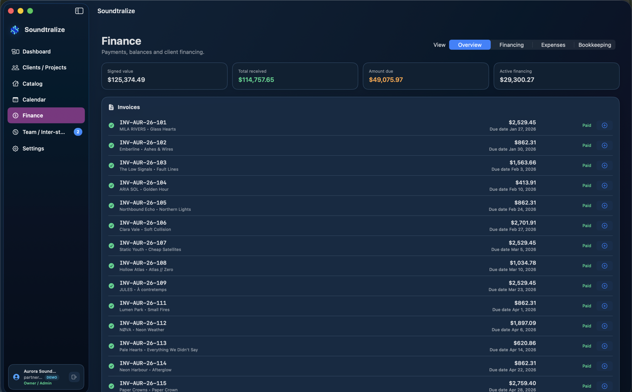 Soundtralize finance view with project invoices and balances