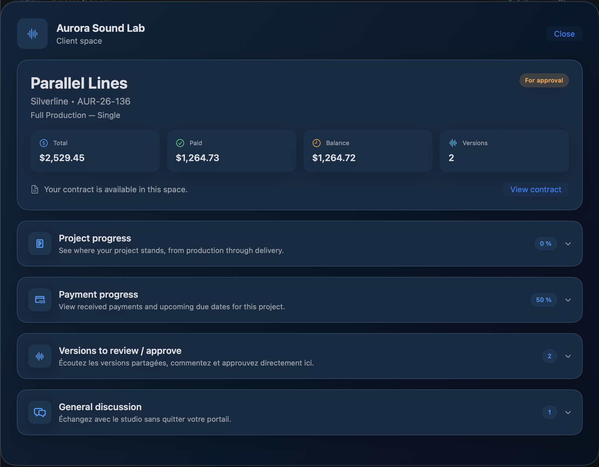 Soundtralize client portal with project status, payment progress, versions and discussion