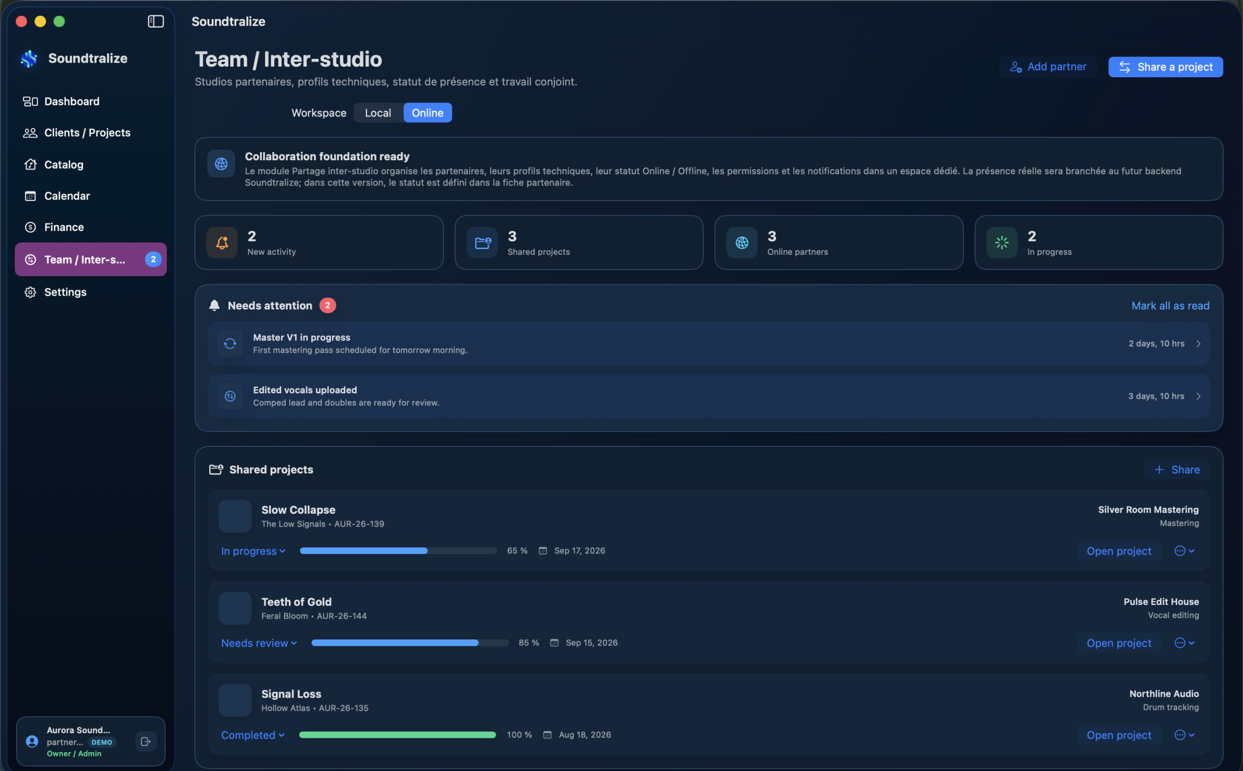 Soundtralize online inter-studio collaboration with shared projects